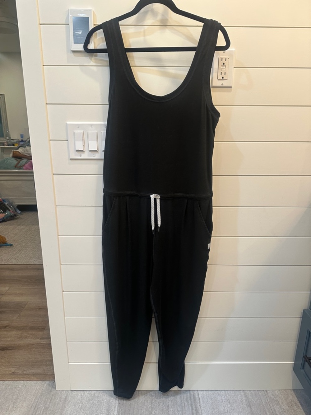 Vuori Black Sleeveless Jumpsuit with White Drawstring